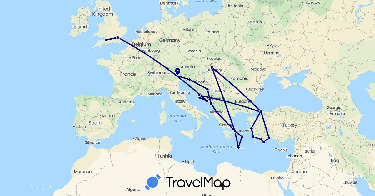 TravelMap itinerary: driving in Albania, Bosnia and Herzegovina, United Kingdom, Greece, Croatia, Hungary, Italy, Montenegro, Slovenia, Turkey (Asia, Europe)